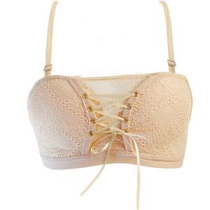 Padded push up tan beige lace bra bustier corset style wide back closure c cup
